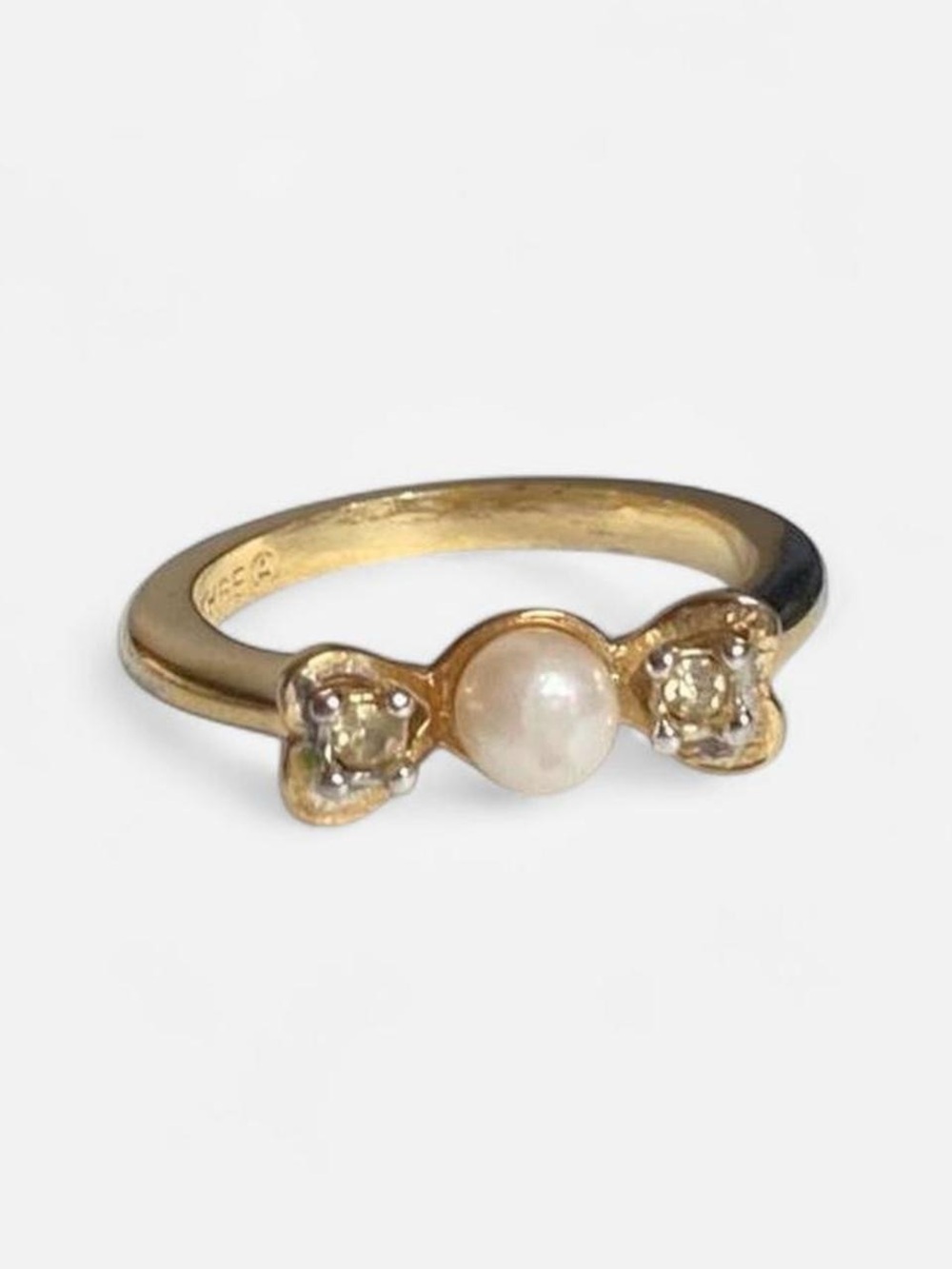 Vintage Signed 18K HGE Sz 4.5 Ring Bow Coquette Pearl Gem Victorian Antique Gold